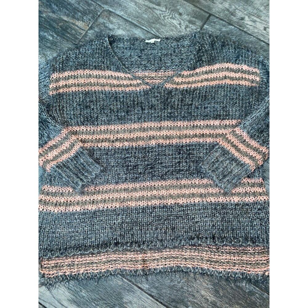Morning Apple Soft Fuzzy V-Neck Peach Charcoal Gray Striped Sweater M/L